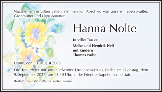 Traueranzeige von Hanna Nolte von Täglicher Anzeiger Holzminden