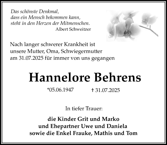 Traueranzeige von Hannelore Behrens von Märkischen Allgemeine Zeitung