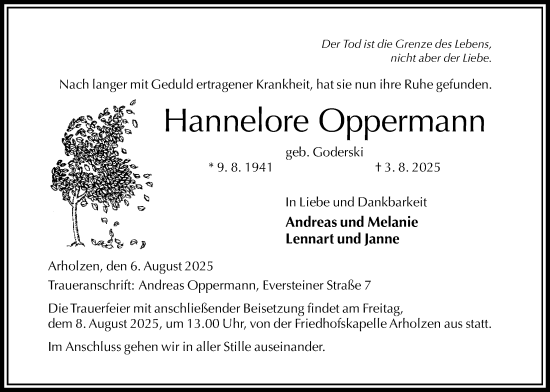 Traueranzeige von Hannelore Oppermann von Täglicher Anzeiger Holzminden