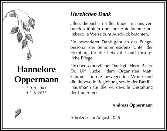 Traueranzeige von Hannelore Oppermann von Täglicher Anzeiger Holzminden