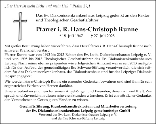 Traueranzeige von Hans-Christoph Runne von Leipziger Volkszeitung