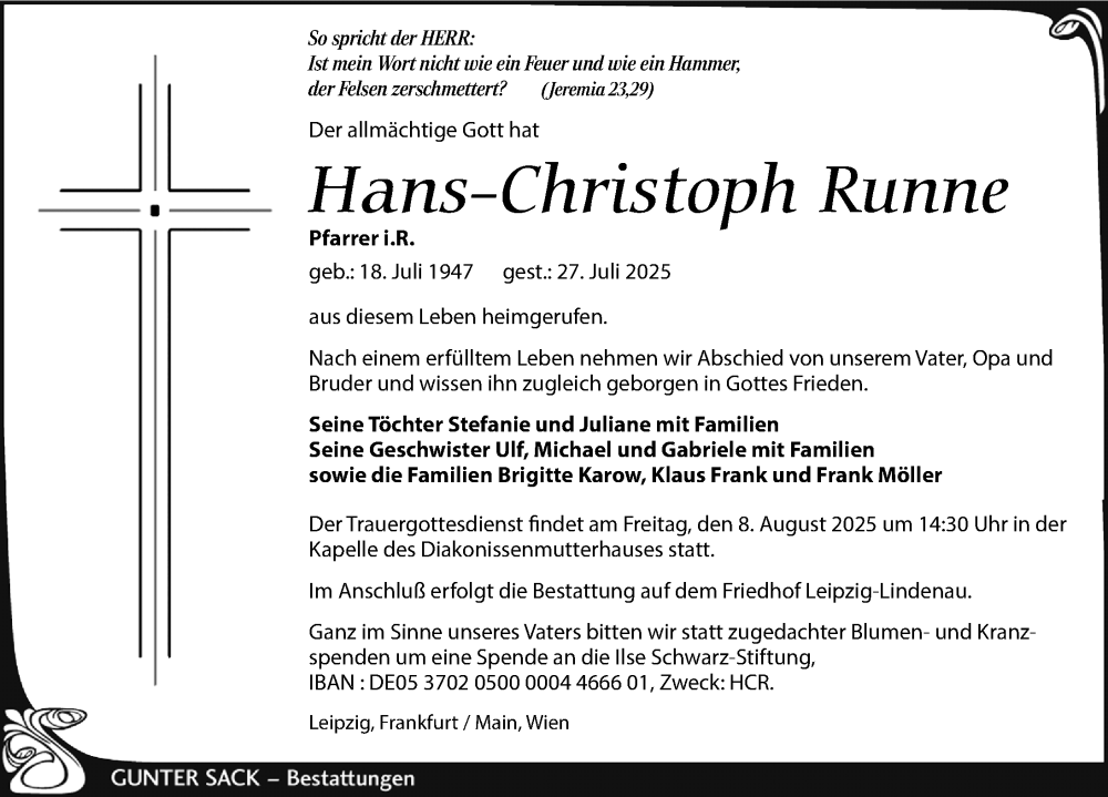  Traueranzeige für Hans-Christoph Runne vom 02.08.2025 aus Leipziger Volkszeitung