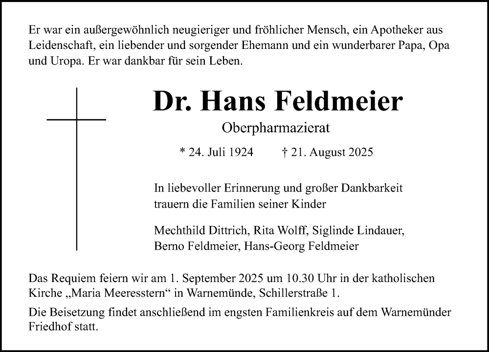  Traueranzeige für Hans Feldmeier vom 23.08.2025 aus Ostsee-Zeitung GmbH