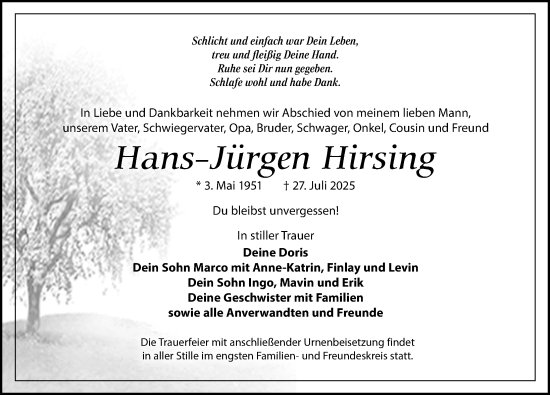 Traueranzeige von Hans-Jürgen Hirsing von Wochenspiegel