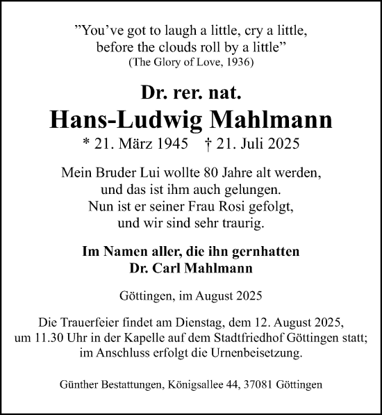 Traueranzeige von Hans-Ludwig Mahlmann von Göttinger Tageblatt