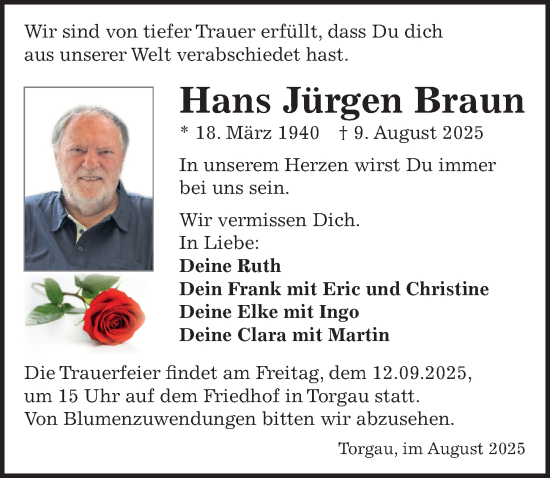 Traueranzeige von Hans Jürgen Braun von Torgauer Zeitung