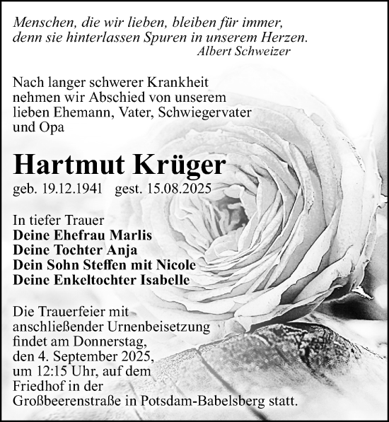 Traueranzeige von Hartmut Krüger von Märkischen Allgemeine Zeitung