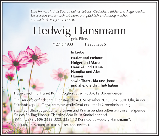 Traueranzeige von Hedwig Hansmann von Täglicher Anzeiger Holzminden