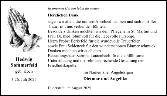 Traueranzeige von Hedwig Sommerfeld von Eichsfelder Tageblatt