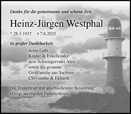 Traueranzeige von Heinz-Jürgen Westphal von Ostsee-Zeitung GmbH