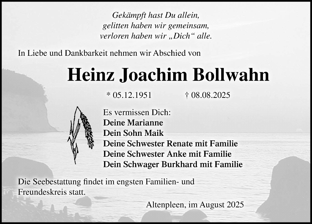 Traueranzeige für Heinz Joachim Bollwahn vom 16.08.2025 aus Ostsee-Zeitung GmbH