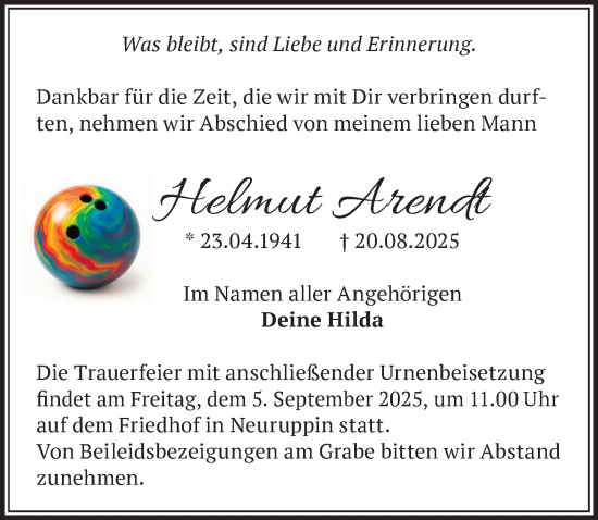 Traueranzeige von Helmut Arendt von Märkischen Allgemeine Zeitung