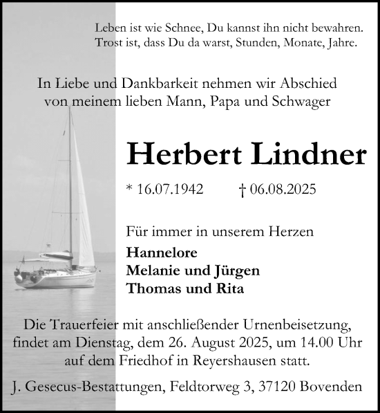 Traueranzeige von Herbert Lindner von Göttinger Tageblatt