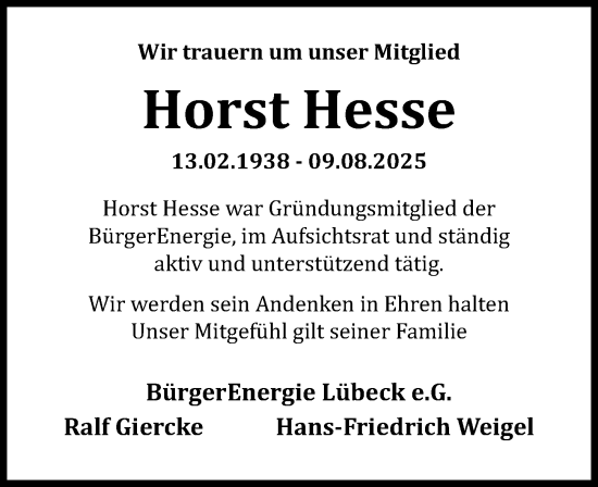 Traueranzeige von Horst Hesse von Lübecker Nachrichten