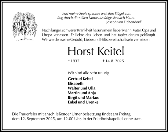 Traueranzeige von Horst Keitel von Täglicher Anzeiger Holzminden