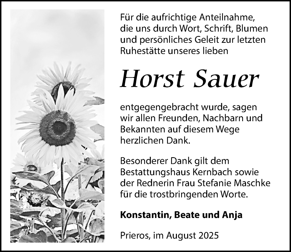  Traueranzeige für Horst Sauer vom 30.08.2025 aus Märkischen Allgemeine Zeitung