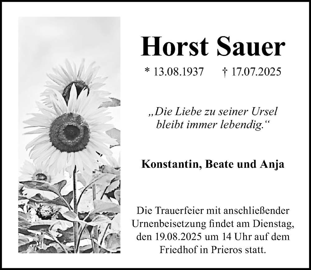  Traueranzeige für Horst Sauer vom 02.08.2025 aus Märkischen Allgemeine Zeitung