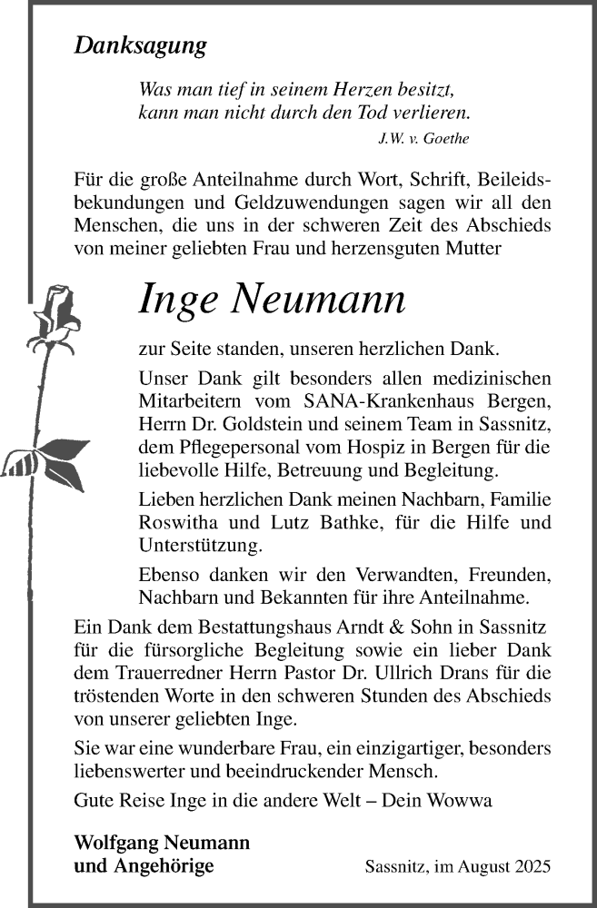  Traueranzeige für Inge Neumann vom 30.08.2025 aus Ostsee-Zeitung GmbH