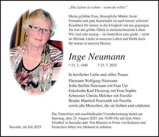 Traueranzeige von Inge Neumann von Ostsee-Zeitung GmbH