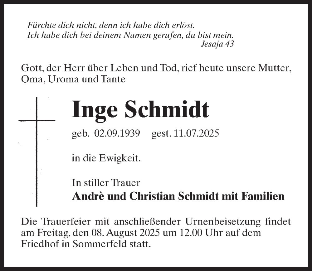  Traueranzeige für Inge Schmidt vom 02.08.2025 aus Märkischen Allgemeine Zeitung
