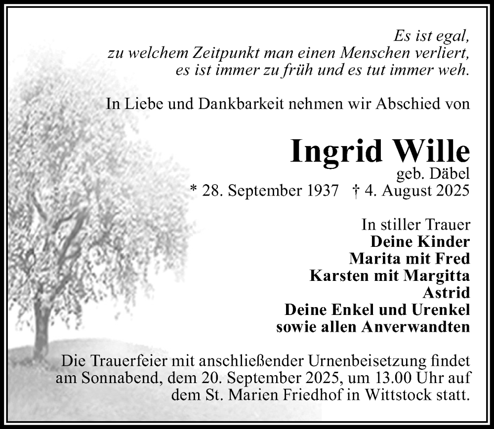  Traueranzeige für Ingrid Wille vom 23.08.2025 aus Wochenspiegel