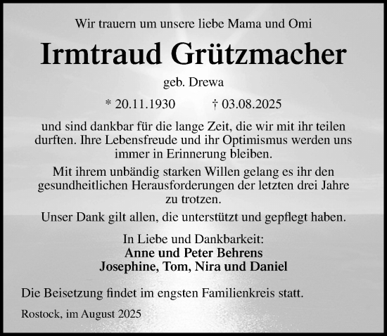 Traueranzeige von Irmtraud Grützmacher von Ostsee-Zeitung GmbH