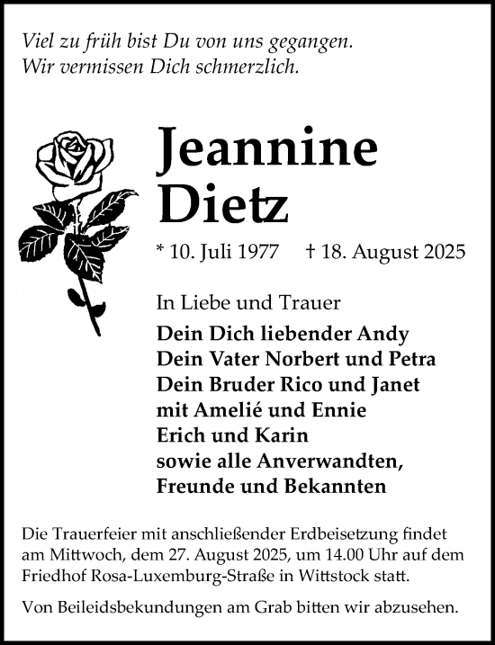 Traueranzeige von Jeannine Dietz von Wochenspiegel