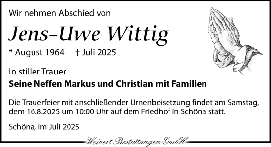 Traueranzeige von Jens-Uwe Wittig von Torgauer Zeitung