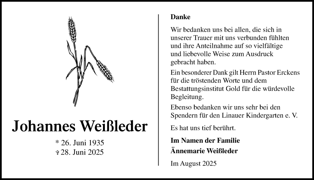  Traueranzeige für Johannes Weißleder vom 23.08.2025 aus Lübecker Nachrichten