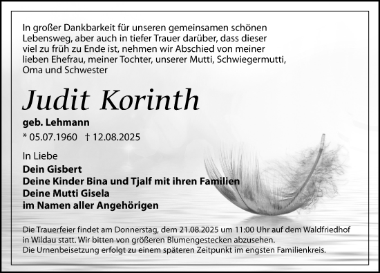 Traueranzeige von Judit Korinth von Märkischen Allgemeine Zeitung