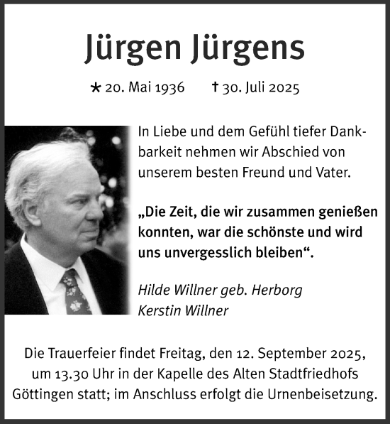 Traueranzeige von Jürgen Jürgens von Göttinger Tageblatt