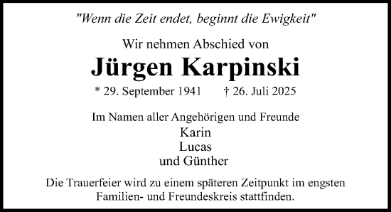Traueranzeige von Jürgen Karpinski von Sächsische Zeitung