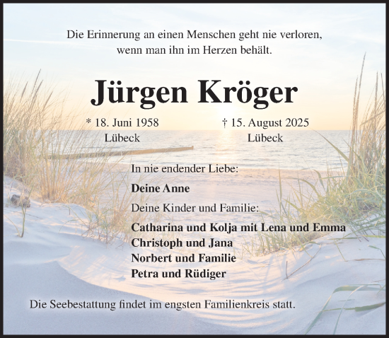 Traueranzeige von Jürgen Kröger von Lübecker Nachrichten