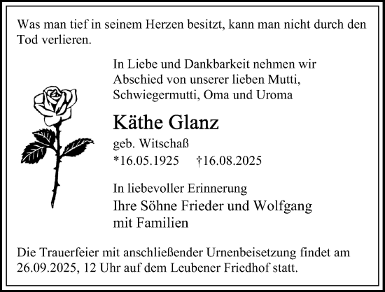Traueranzeige von Käthe Glanz von Sächsische Zeitung