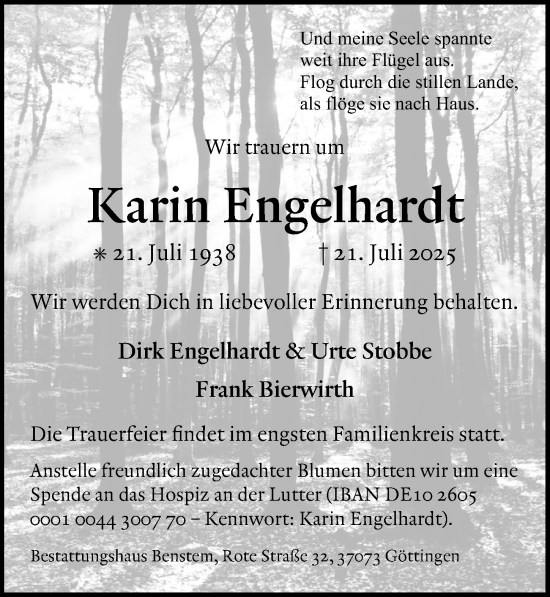 Traueranzeige von Karin Engelhardt von Göttinger Tageblatt