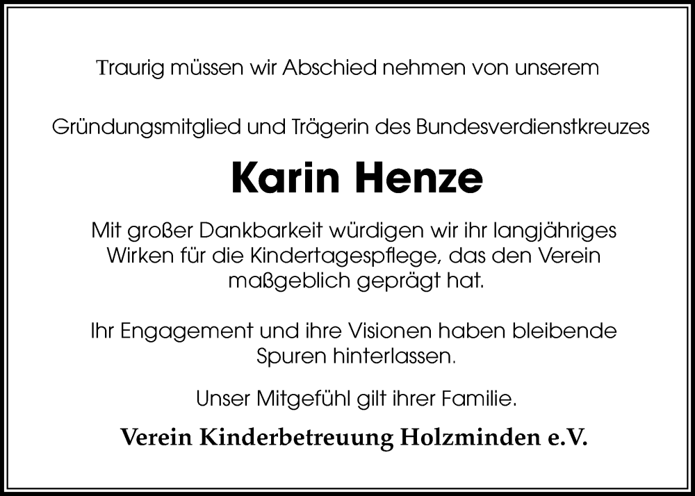  Traueranzeige für Karin Henze vom 30.08.2025 aus Täglicher Anzeiger Holzminden