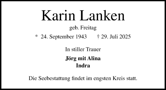Traueranzeige von Karin Lanken von Lübecker Nachrichten
