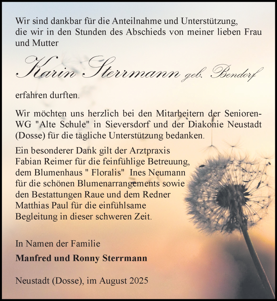  Traueranzeige für Karin Sterrmann vom 30.08.2025 aus Wochenspiegel