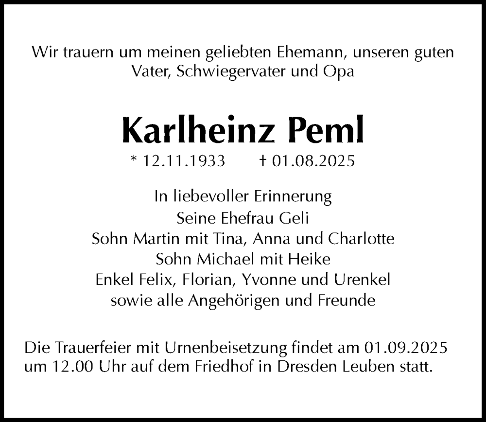  Traueranzeige für Karlheinz Peml vom 23.08.2025 aus Sächsische Zeitung