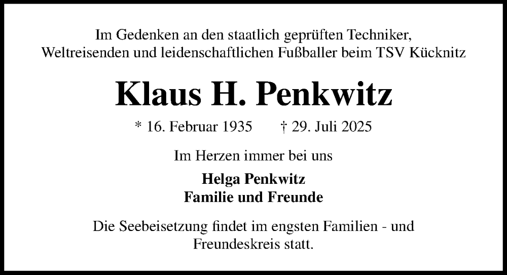  Traueranzeige für Klaus H. Penkwitz vom 10.08.2025 aus Lübecker Nachrichten