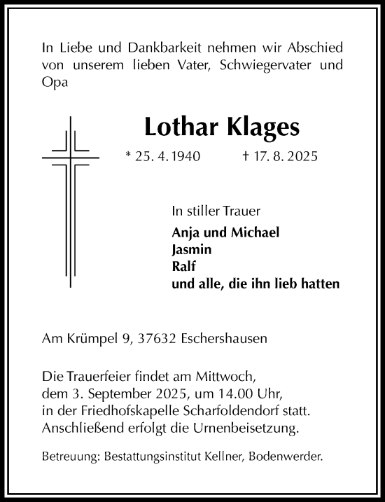 Traueranzeige von Lothar Klages von Täglicher Anzeiger Holzminden