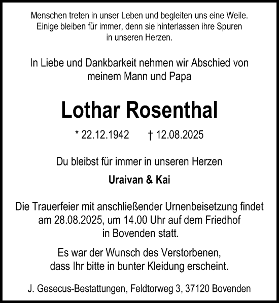 Traueranzeige von Lothar Rosenthal von Göttinger Tageblatt