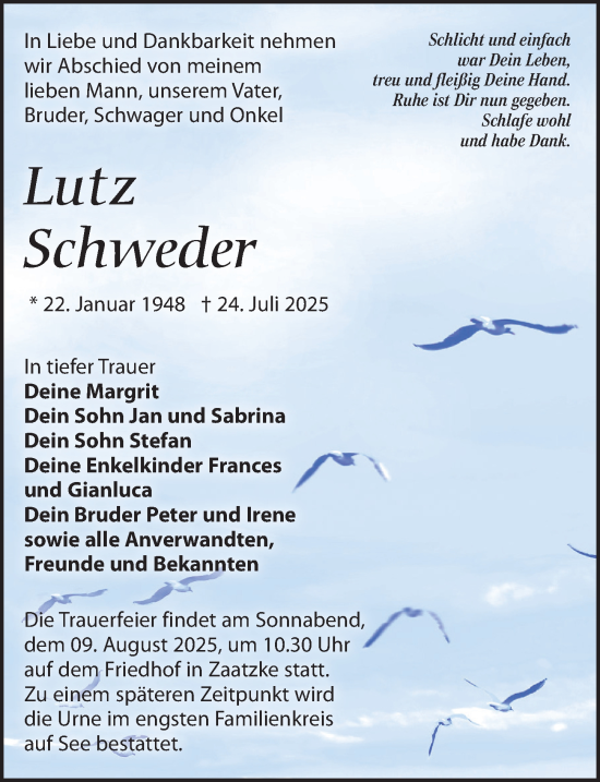 Traueranzeige von Lutz Schweder von Wochenspiegel