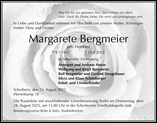 Traueranzeige von Margarete Bergmeier von Täglicher Anzeiger Holzminden