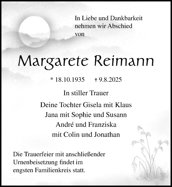 Traueranzeige von Margarete Reimann von Ostsee-Zeitung GmbH