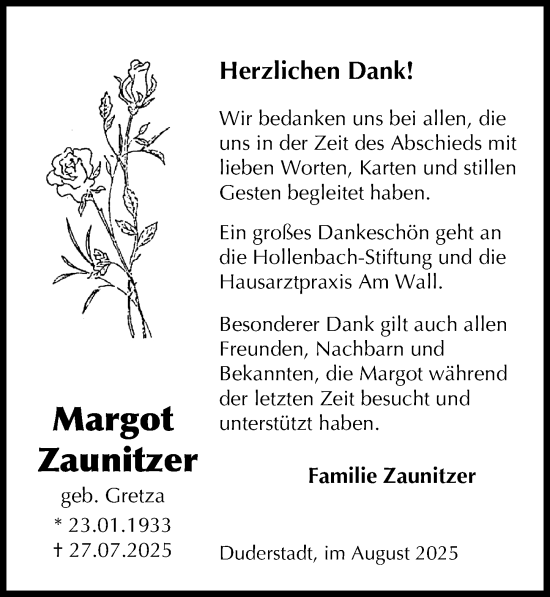 Traueranzeige von Margot Zaunitzer von Eichsfelder Tageblatt