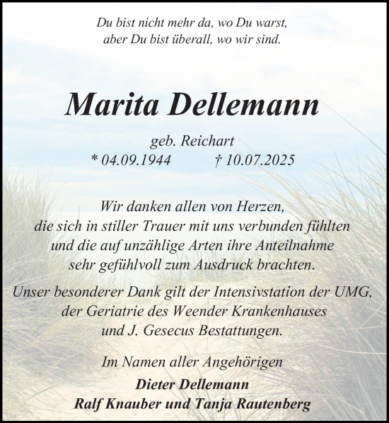Traueranzeige von Marita Dellemann von Göttinger Tageblatt