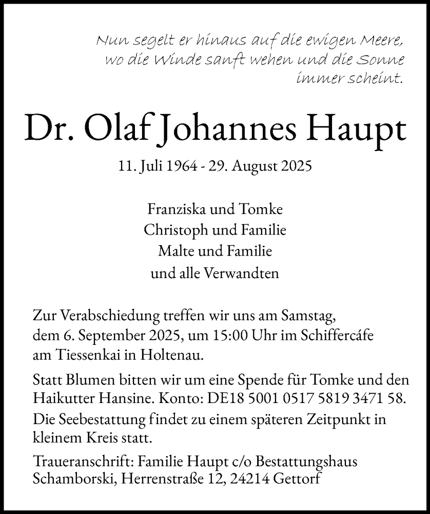  Traueranzeige für Olaf Johannes Haupt vom 30.08.2025 aus Kieler Nachrichten