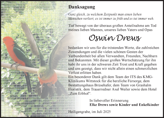 Traueranzeige von Oswin Drews von Wochenspiegel