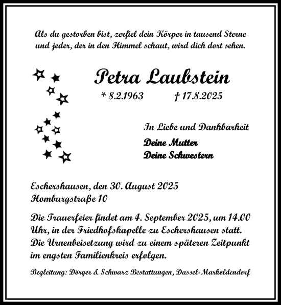 Traueranzeige von Petra Laubstein von Täglicher Anzeiger Holzminden